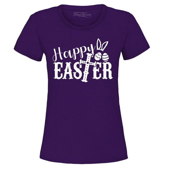 Shop4Ever Women's Happy Easter With Cross Graphic T-Shirt Small Purple