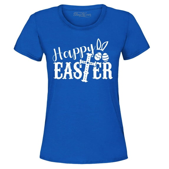 Shop4Ever Women's Happy Easter With Cross Graphic T-Shirt Small Royal Blue