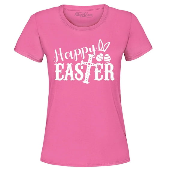 Shop4Ever Women's Happy Easter With Cross Graphic T-Shirt XXX-Large Azalea Pink
