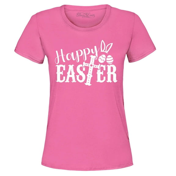 Shop4Ever Women's Happy Easter With Cross Graphic T-Shirt XXX-Large Azalea Pink