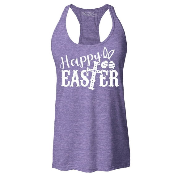 Shop4Ever Women's Happy Easter With Cross Racerback Tank Top Medium Purple