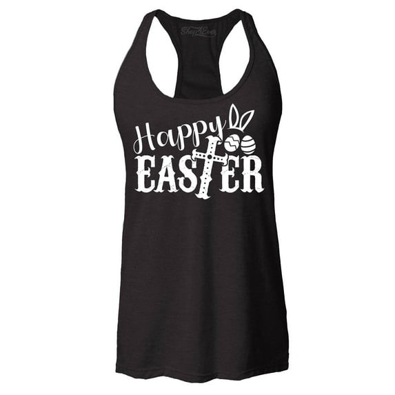 Shop4Ever Women's Happy Easter With Cross Racerback Tank Top X-Small Black