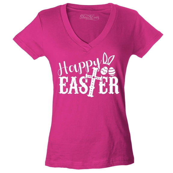 Shop4Ever Women's Happy Easter With Cross Slim Fit V-Neck T-Shirt Large Pink
