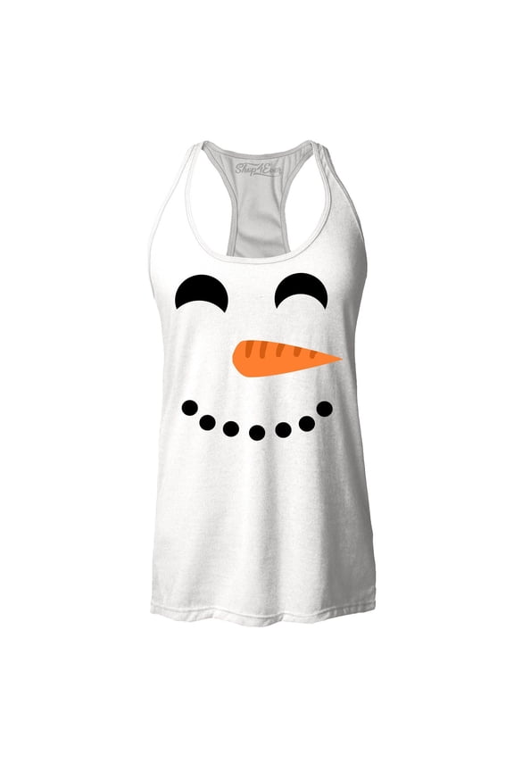 Women's Happy Snowman Face Chritsmas Costume Racerback Tank Top Medium White