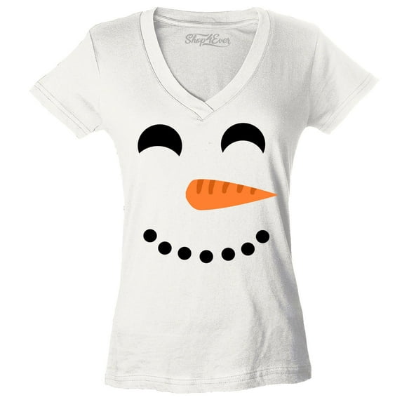 Shop4Ever Women's Happy Snowman Face Chritsmas Costume Slim Fit V-Neck T-Shirt Medium White