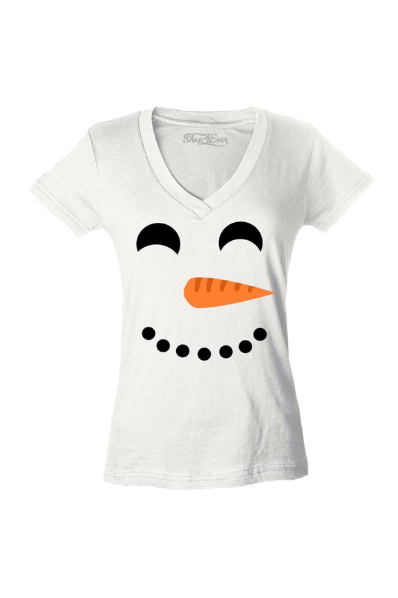 Women's Happy Snowman Face Chritsmas Costume Slim Fit V-Neck T-Shirt Medium White