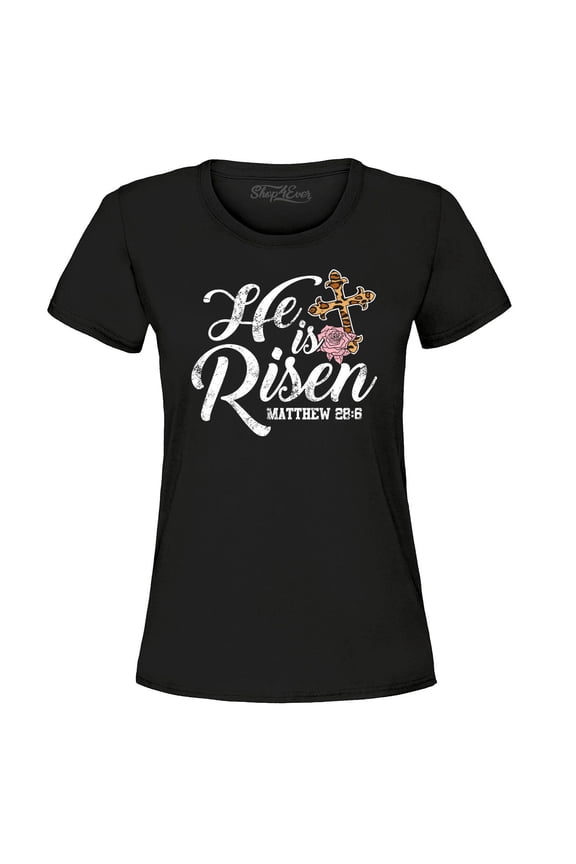 Women's He is Risen Matthew 28:6 Christian Bible Verse Easter Graphic T-Shirt Medium Black