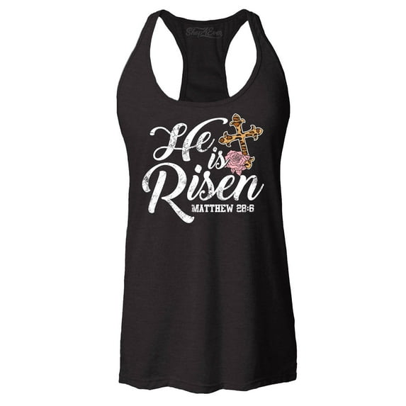 Shop4Ever Women's He is Risen Matthew 28:6 Christian Bible Verse Easter Racerback Tank Top Small Black