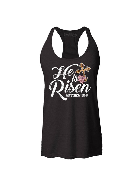 Women's He is Risen Matthew 28:6 Christian Bible Verse Easter Racerback Tank Top X-Small Black