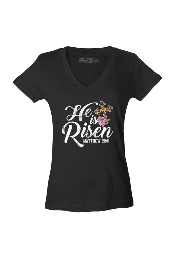 Women's He is Risen Matthew 28:6 Christian Bible Verse Easter Slim Fit V-Neck T-Shirt Medium Black