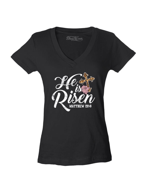 Women's He is Risen Matthew 28:6 Christian Bible Verse Easter Slim Fit V-Neck T-Shirt X-Small Black