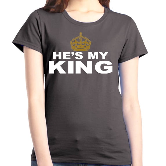 Shop4Ever Women's He's My King Matching Couples Graphic T-Shirt Large Charcoal