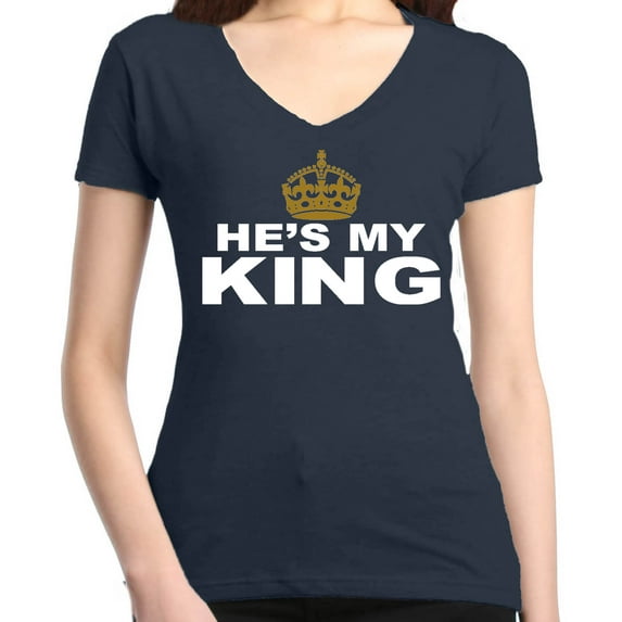 Shop4Ever Women's He's My King Matching Couples Slim Fit V-Neck T-Shirt XX-Large Charcoal