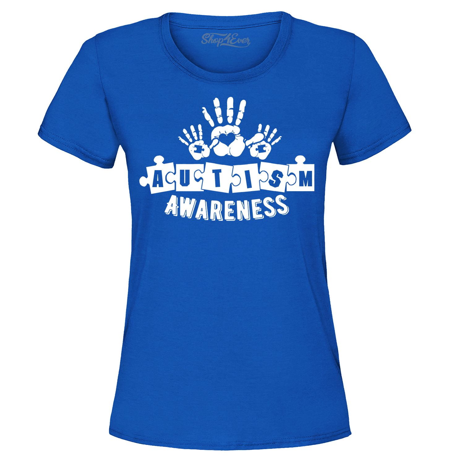 Shop4Ever Women's Heart Handprints Autism Awareness Puzzle Pieces Graphic T-Shirt X-Large Royal Blue