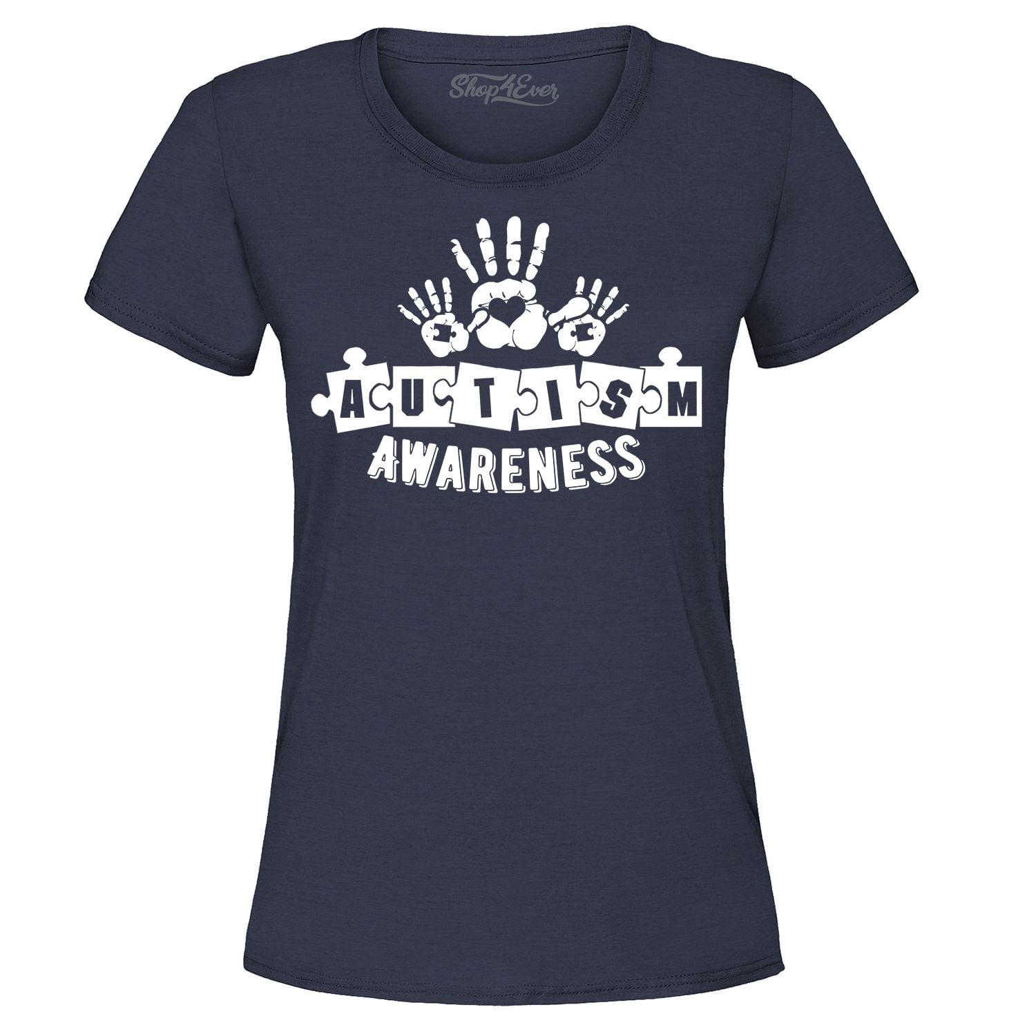 Shop4Ever Women's Heart Handprints Autism Awareness Puzzle Pieces Graphic T-Shirt XXX-Large Navy