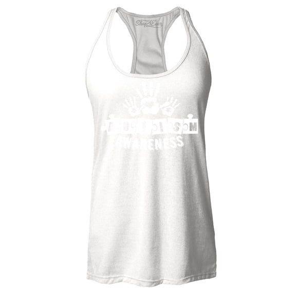 Shop4Ever Women's Heart Handprints Autism Awareness Puzzle Pieces Racerback Tank Top Medium White