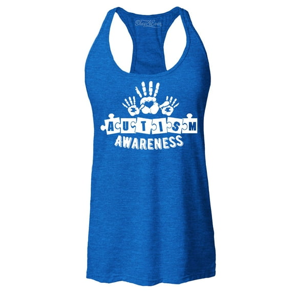 Shop4Ever Women's Heart Handprints Autism Awareness Puzzle Pieces Racerback Tank Top Small Royal Blue