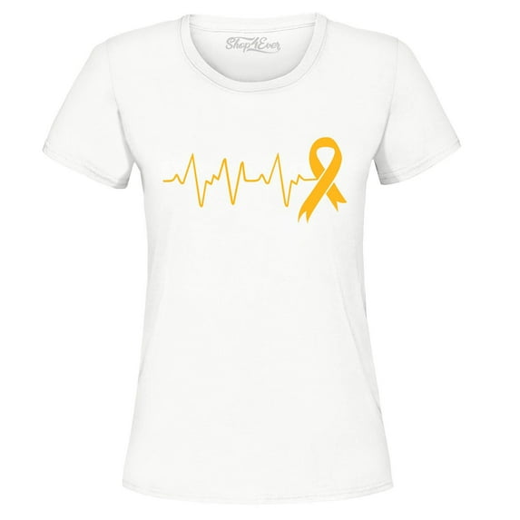 Shop4Ever Women's Heartbeat Gold Ribbon Graphic T-Shirt XX-Large White