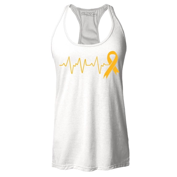 Shop4Ever Women's Heartbeat Gold Ribbon Racerback Tank Top Large White