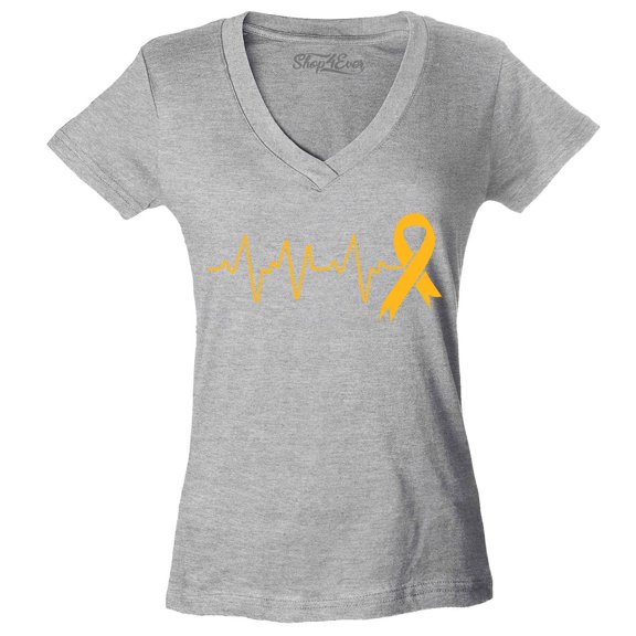 Shop4Ever Women's Heartbeat Gold Ribbon Slim Fit V-Neck T-Shirt Large Sports Grey