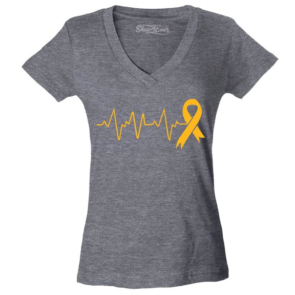 Shop4Ever Women's Heartbeat Gold Ribbon Slim Fit V-Neck T-Shirt X-Small Heather Charcoal