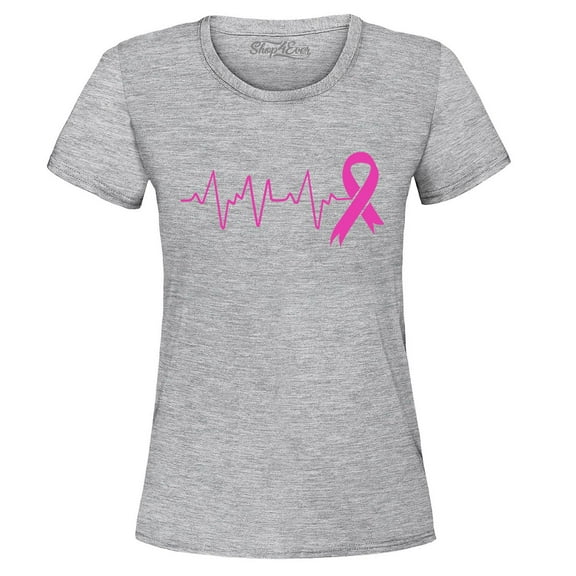 Shop4Ever Women's Heartbeat Pink Ribbon Breast Cancer Awareness Graphic T-Shirt Large Sports Grey