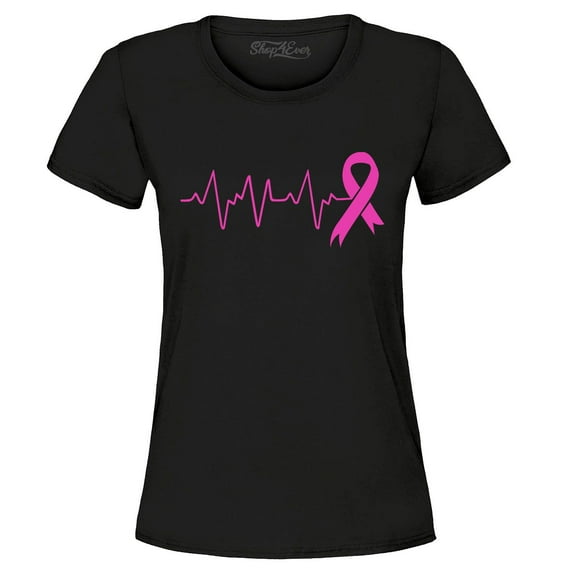 Shop4Ever Women's Heartbeat Pink Ribbon Breast Cancer Awareness Graphic T-Shirt XXX-Large Black