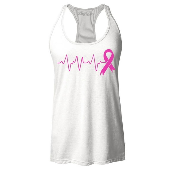Shop4Ever Women's Heartbeat Pink Ribbon Breast Cancer Awareness Racerback Tank Top Small White