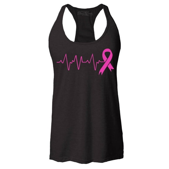 Shop4Ever Women's Heartbeat Pink Ribbon Breast Cancer Awareness Racerback Tank Top X-Small Black