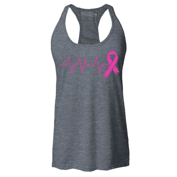 Shop4Ever Women's Heartbeat Pink Ribbon Breast Cancer Awareness Racerback Tank Top XX-Large Charcoal