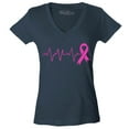 thumbnail image 1 of Shop4Ever Women's Heartbeat Pink Ribbon Breast Cancer Awareness Slim Fit V-Neck T-Shirt Medium Charcoal, 1 of 5