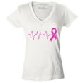 thumbnail image 1 of Shop4Ever Women's Heartbeat Pink Ribbon Breast Cancer Awareness Slim Fit V-Neck T-Shirt X-Large White, 1 of 5