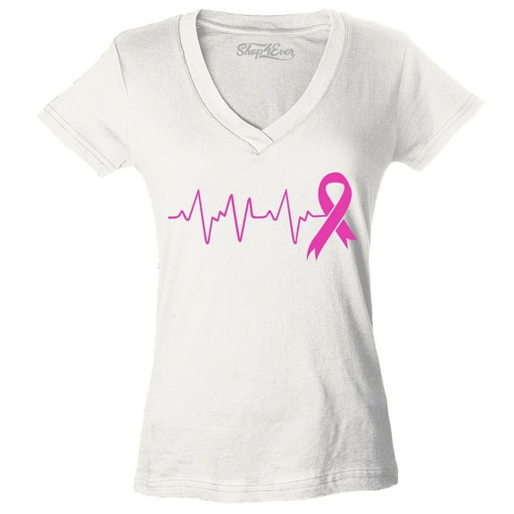 Shop4Ever Women's Heartbeat Pink Ribbon Breast Cancer Awareness Slim Fit V-Neck T-Shirt X-Large White