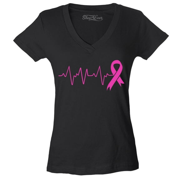 Shop4Ever Women's Heartbeat Pink Ribbon Breast Cancer Awareness Slim Fit V-Neck T-Shirt XX-Large Black