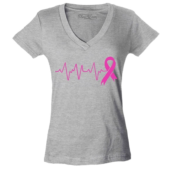 Shop4Ever Women's Heartbeat Pink Ribbon Breast Cancer Awareness Slim Fit V-Neck T-Shirt XX-Large Sports Grey