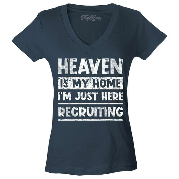 Shop4Ever Women's Heaven is My Home I'm Just Here Recruiting Religious Christian Slim Fit V-Neck T-Shirt Medium Charcoal