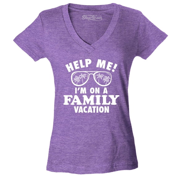 Shop4Ever Women's Help Me! I'm On A Family Vaction Funny Slim Fit V-Neck T-Shirt Medium Heather Purple