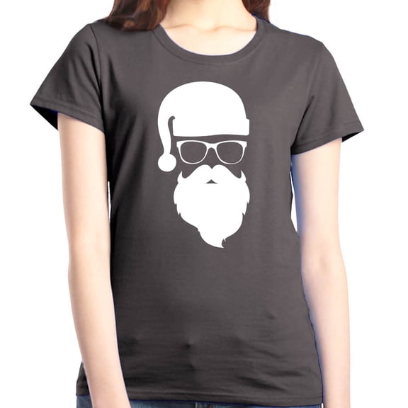 Shop4Ever Women's Hipster Santa with Glasses Christmas Graphic T-Shirt Medium Charcoal