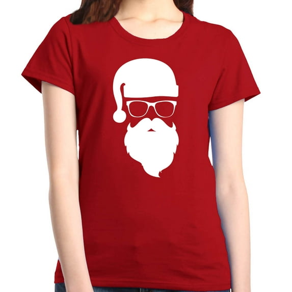 Shop4Ever Women's Hipster Santa with Glasses Christmas Graphic T-Shirt Medium Red