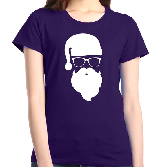 Shop4Ever Women's Hipster Santa with Glasses Christmas Graphic T-Shirt Small Purple
