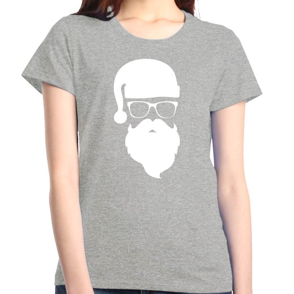Shop4Ever Women's Hipster Santa with Glasses Christmas Graphic T-Shirt Small Sports Grey