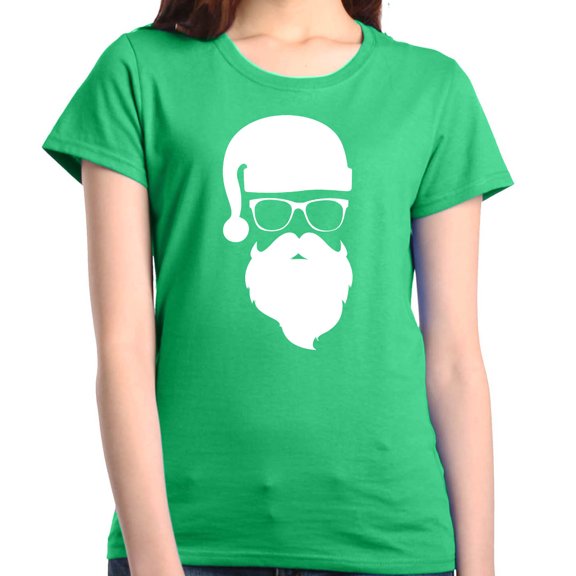 Shop4Ever Women's Hipster Santa with Glasses Christmas Graphic T-Shirt X-Large Irish Green