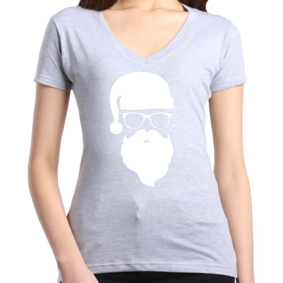Shop4Ever Women's Hipster Santa with Glasses Christmas Slim Fit V-Neck T-Shirt X-Small Sports Grey