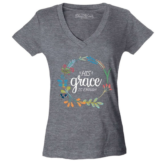 Shop4Ever Women's His Grace is Enough Slim Fit V-Neck T-Shirt Small Heather Charcoal