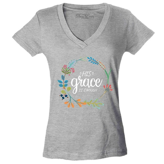 Shop4Ever Women's His Grace is Enough Slim Fit V-Neck T-Shirt Small Sports Grey