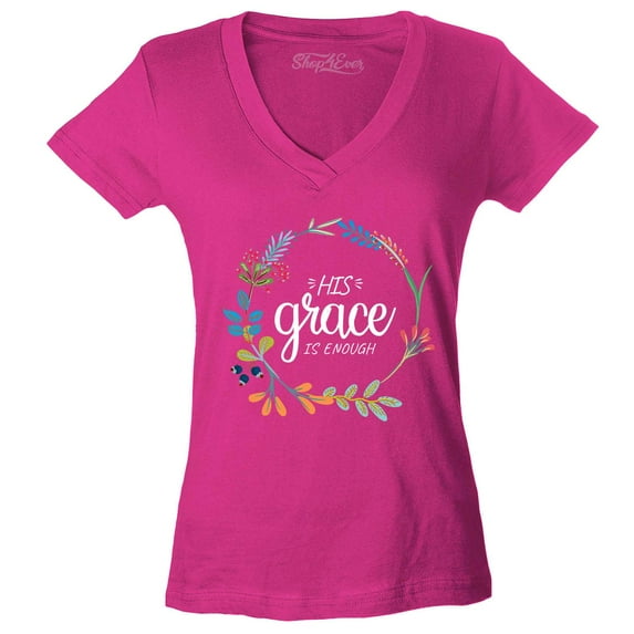 Shop4Ever Women's His Grace is Enough Slim Fit V-Neck T-Shirt X-Large Pink