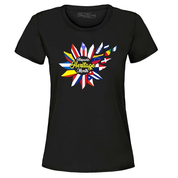 Shop4Ever Women's Hispanic Heritage Month Flag Flower Graphic T-Shirt X-Large Black