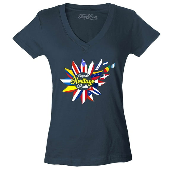 Shop4Ever Women's Hispanic Heritage Month Flag Flower Slim Fit V-Neck T-Shirt Medium Charcoal