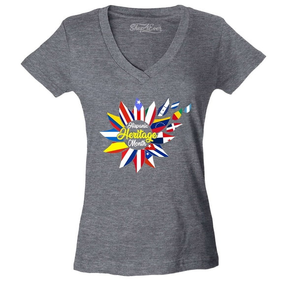 Shop4Ever Women's Hispanic Heritage Month Flag Flower Slim Fit V-Neck T-Shirt X-Small Heather Charcoal