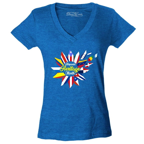 Shop4Ever Women's Hispanic Heritage Month Flag Flower Slim Fit V-Neck T-Shirt XX-Large Heather Royal Blue